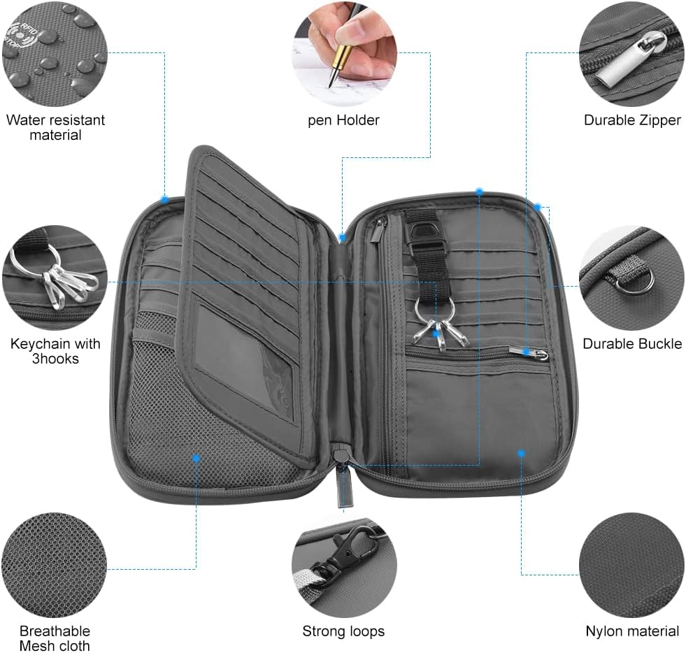 RFID Travel Passport Holder - Family Passport Wallet Holder, Lightweight Portable Travel Document Organizer Passport Card Cover with Zipper Pocket, Grey