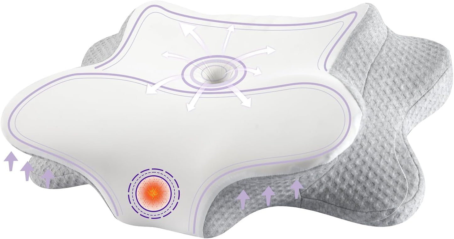 Cervical Neck Pillow for Neck Pain Relief - Ergonomic Memory Foam Pillow for Sleeping, Side, Back & Stomach Sleepers, Orthopedic Contour Pillow with Breathable Cover (Grey White)