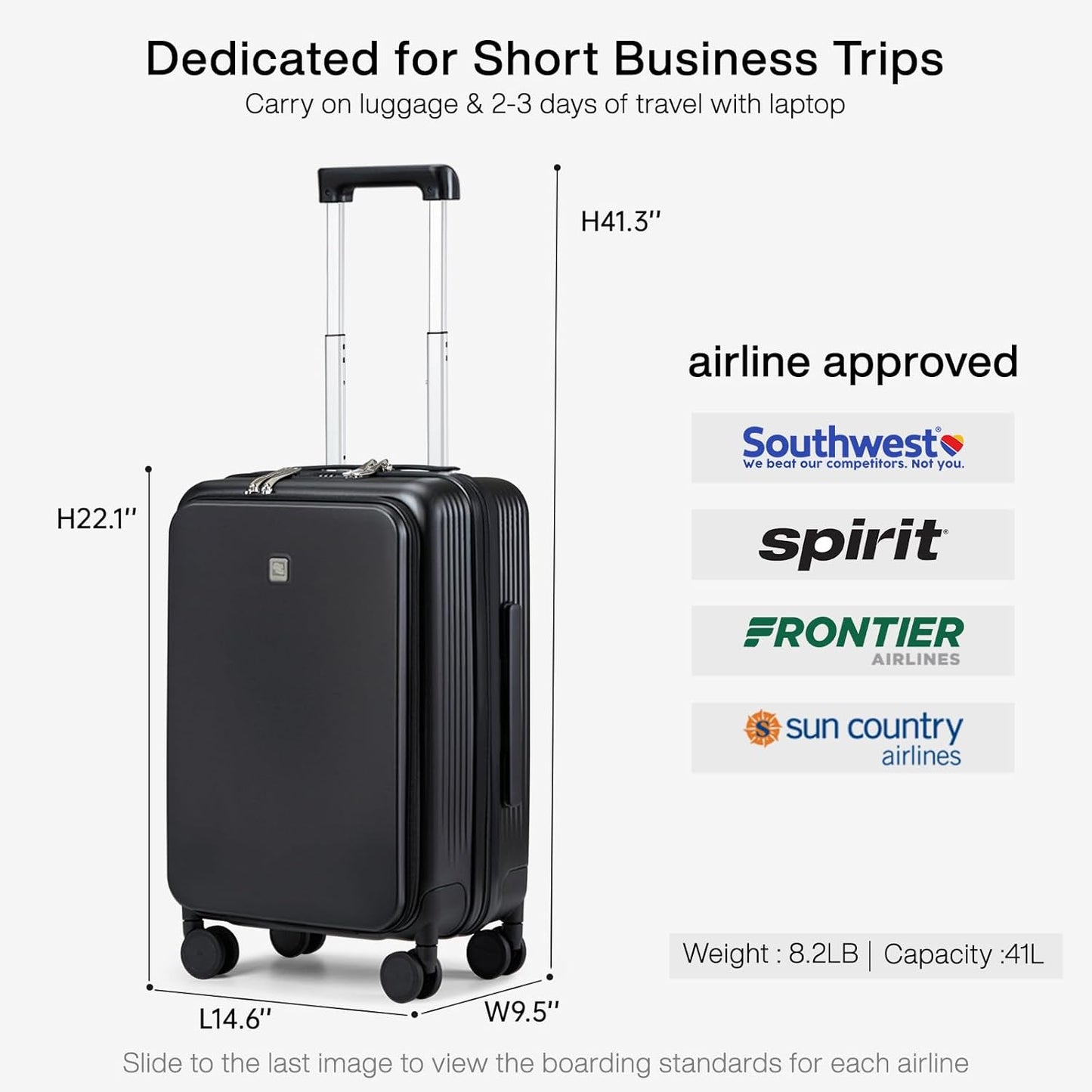 Hanke Grace Carry On Luggage with Wheels Airline Approved Hard Shell Suitcases with Front Pocket，Top Opening Luggage with TSA Lock for Short Business Travel， Jet Black.