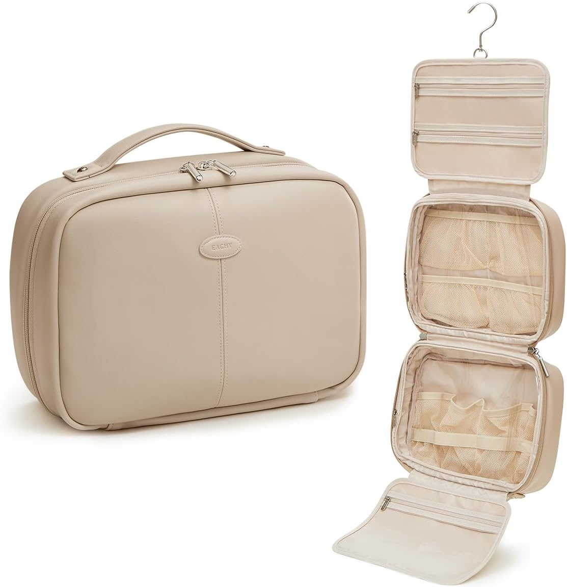 EACHY Toiletry Bag with Hanging Hook, Travel Makeup Bag PU Leather Cosmetic Bags for Women Make Up Organizer with 4 Compartments Waterproof Full-Size Portable Travel Essentials (Trench，Pro)