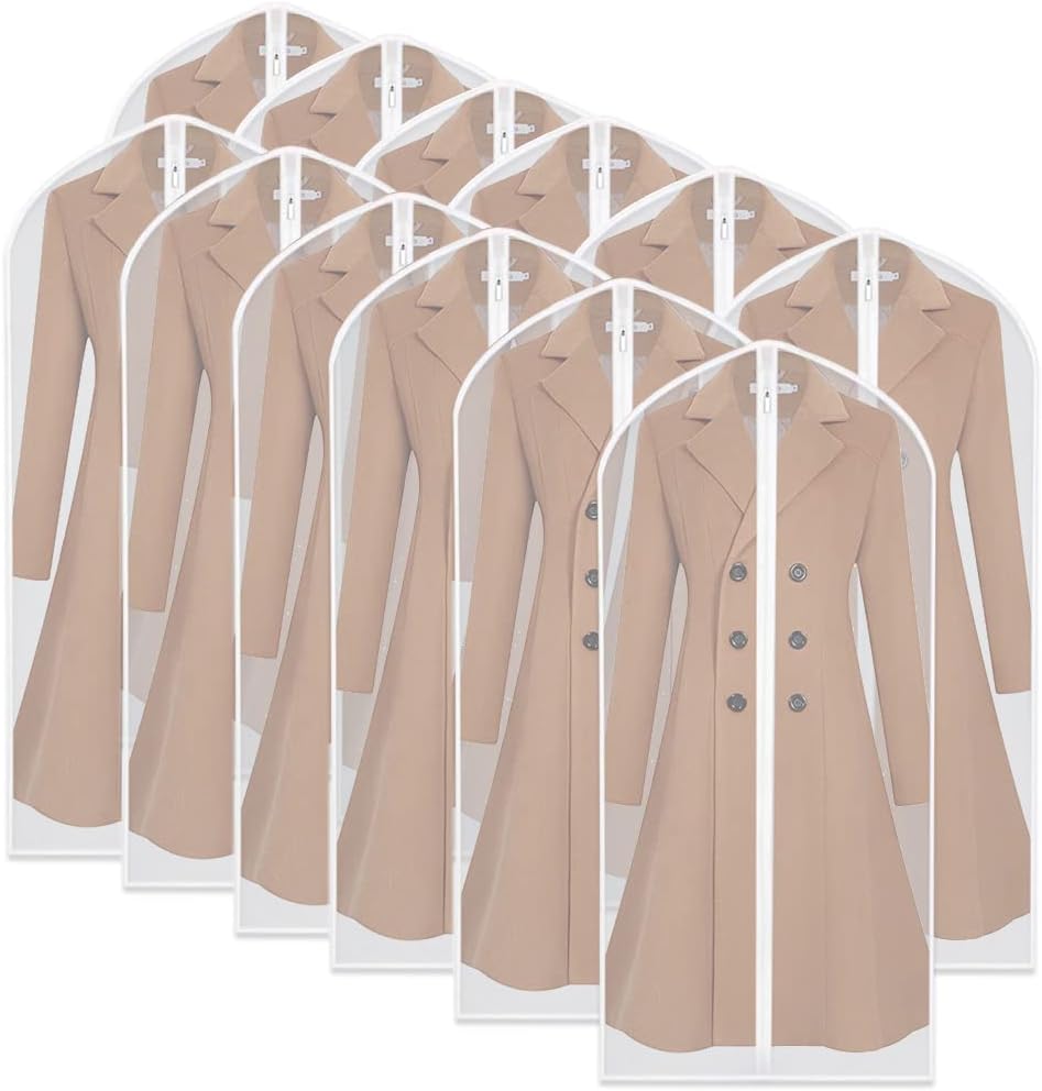 Garment Bag, Set of 12 Breathable PEVA Covers with Zipper, Dust-Free Clothes Storage for Wardrobe and Travel, White