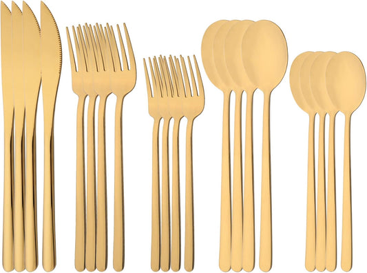 20 Pieces Silverware Set 304 Stainless Steel, Healthy & Eco-Friendly Silver Travel Mirror Polished Gold Knife Fork Spoon Salad Fork Dessert Spoon Flatware Set, Service for 4