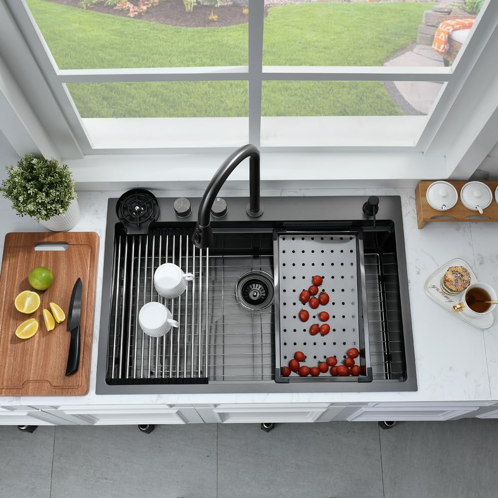 33 Inch Black Waterfall Drop In Kitchen Sink with Fuacet Combo-Bokaiya 33x22 Waterfall Kitchen Sink with Cup Washer Stainess Steel Top Mount 16 Gauge Deep Single Bowl Modern Kitchen Sinks