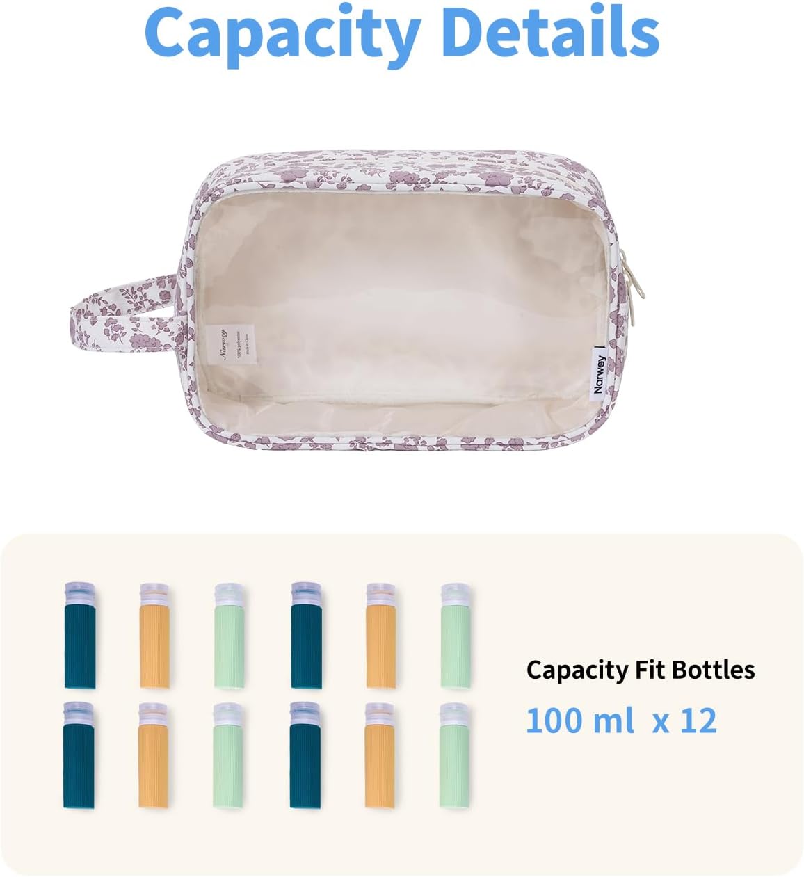 Narwey Clear Toiletry Bags for Traveling Women Men, Clear Travel Bags for Toiletries Makeup Bag Cosmetic Bag with Zipper, Make Up Organizer, Skincare Bag (Little Dusty Pink Flower)