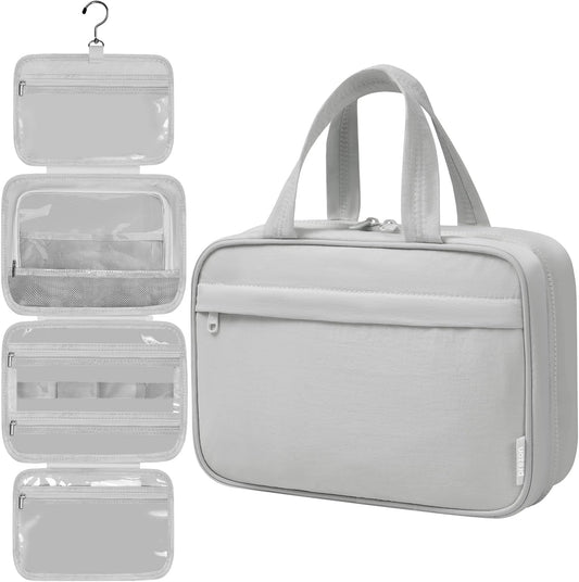Toiletry Bag For women,Portable Hanging Organizer,4 Leakproof Compartment for full-sized Conditioner, Brushes Set, Makeup Accessories,Visible and easy to access.L-grey