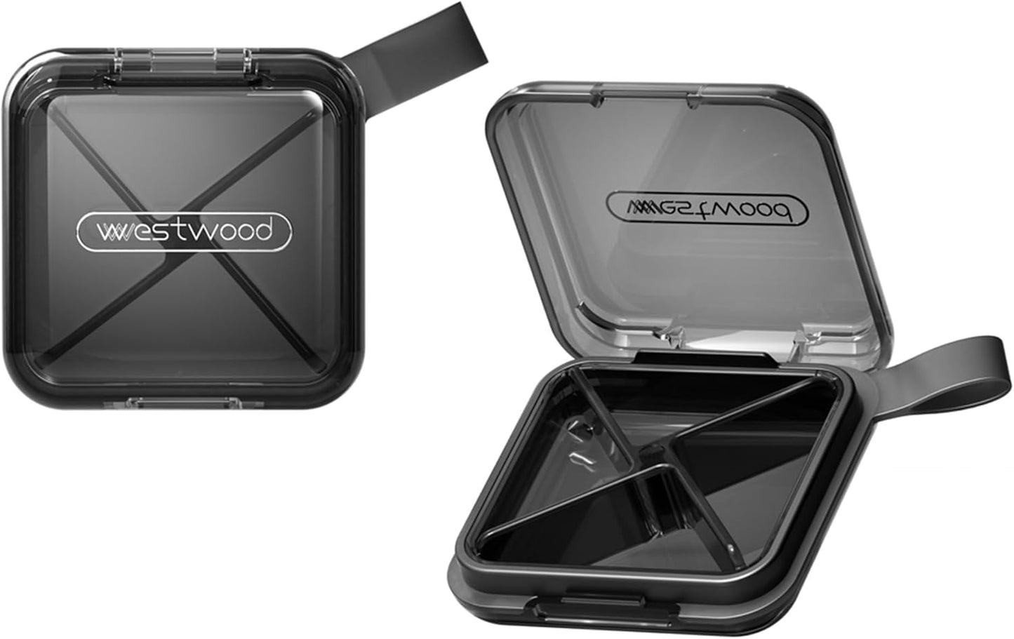 1 Pack Grey Pill Organizer with Strap, 4 Compartments, Compact Travel Pill Box Case, Portable and Moistureproof to Store Vitamins, Medication and Supplements