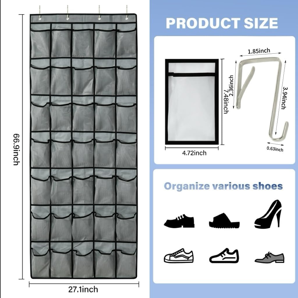 35Large Pockets Over The Door Shoe Organizer, Mesh Pockets Shoe Holder Rack, Capacity Shoe Hanging Storage，door shoe rack With 4 Metal Hook.