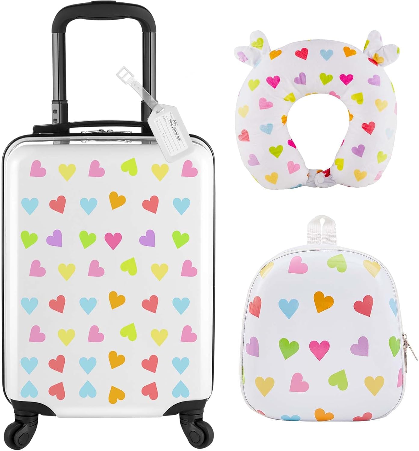 Sanwuta 4 Pcs Kids Luggage Set Kids Backpack Travel Rolling Suitcase with Wheels U-shape Pillow Childrens Gift for Girls Boys(20 Inch,Heart Style,White)