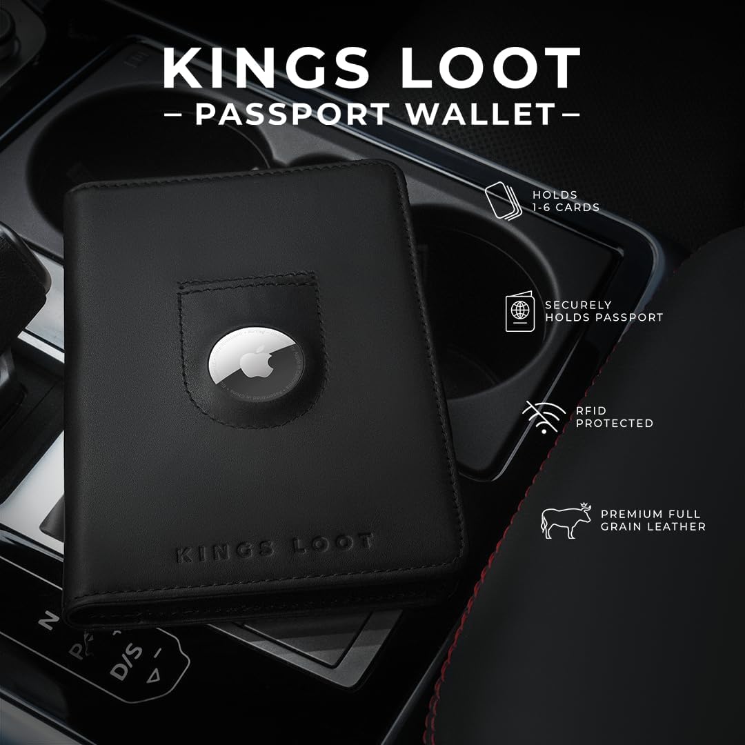 Kings Loot Passport Holder Wallet | RFID Blocking Leather Travel Wallet with Built-in Airtag Holder | Holds 1-6 Cards & Passport | Easy Pull Tab | Travel Wallets (Onyx Black)