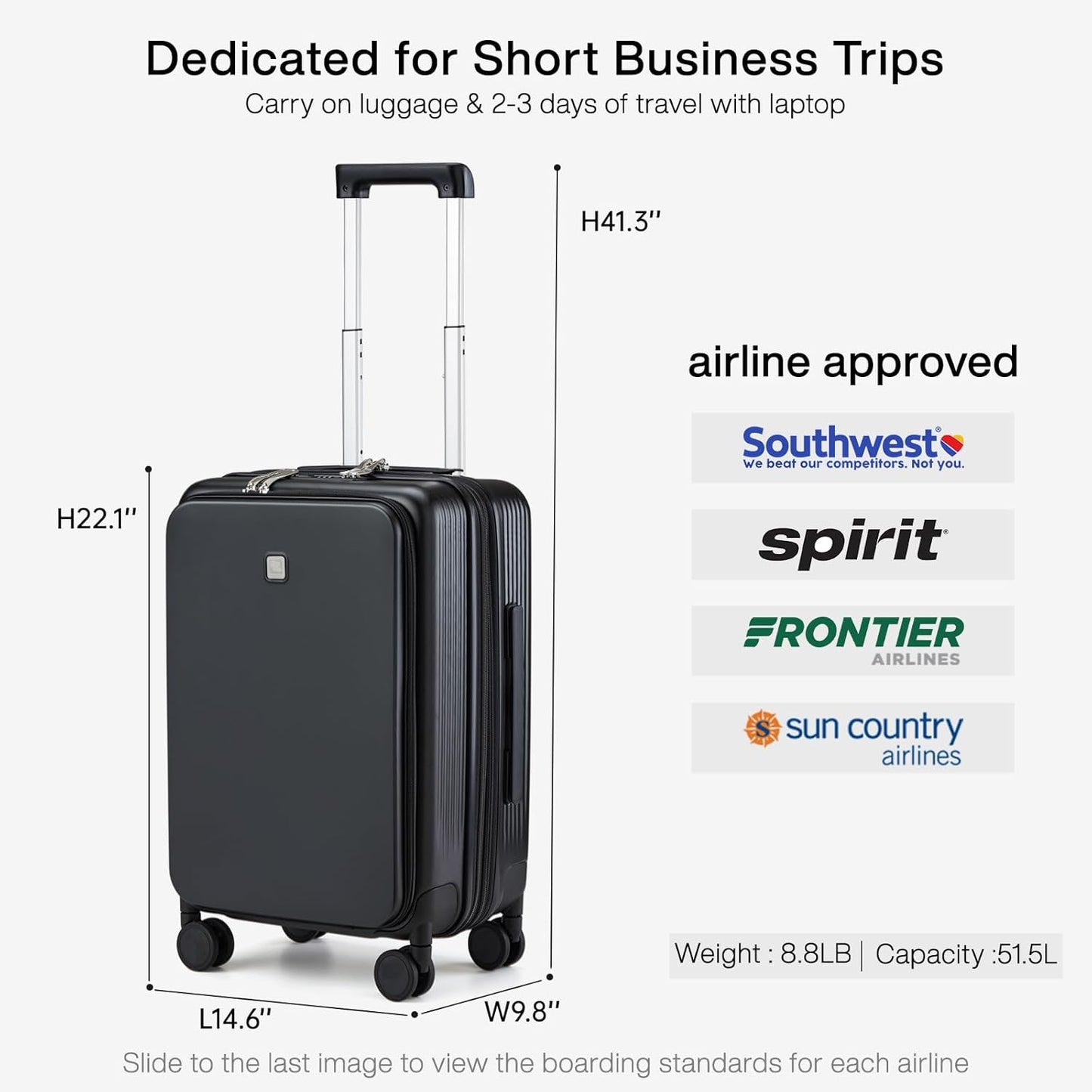 Hanke Grace Expandable Carry On Luggage with Wheels Airline Approved Hard Shell Suitcases with Front Pocket，Top Opening Luggage with TSA Lock for Short Business Travel, Jet Black.