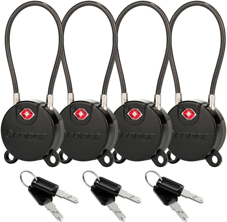 Forge TSA Approved Luggage Locks Ultra-Secure Dimple Key Travel Locks with Zinc Alloy Body- Black 4 Cable Locks