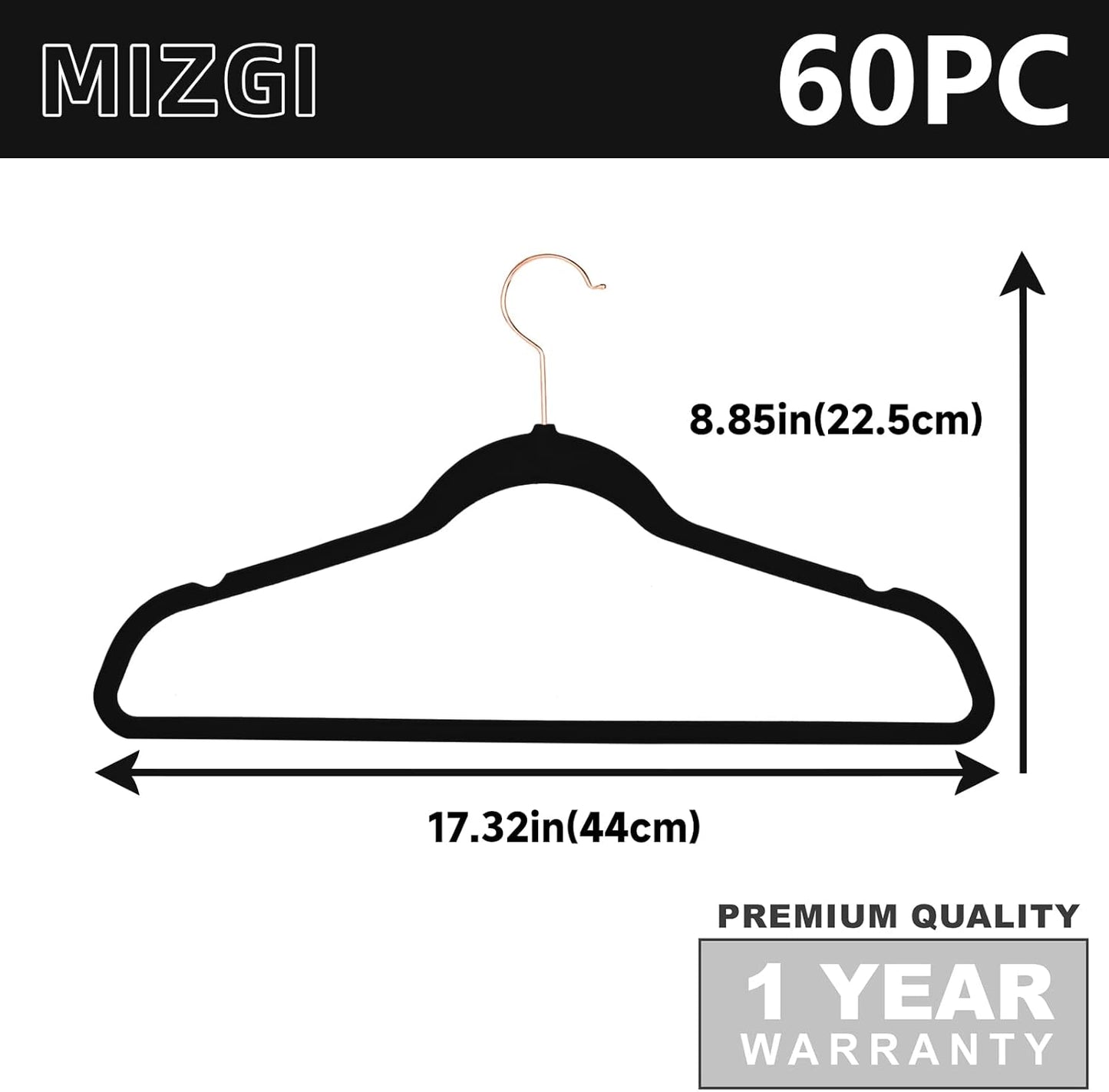 MIZGI Premium Velvet Hangers (60 Pack) Heavy Duty- Non Slip Felt Hangers - Velvet Suit Hanger Black - Rose Gold Hooks,Space Saving Clothes Hanger