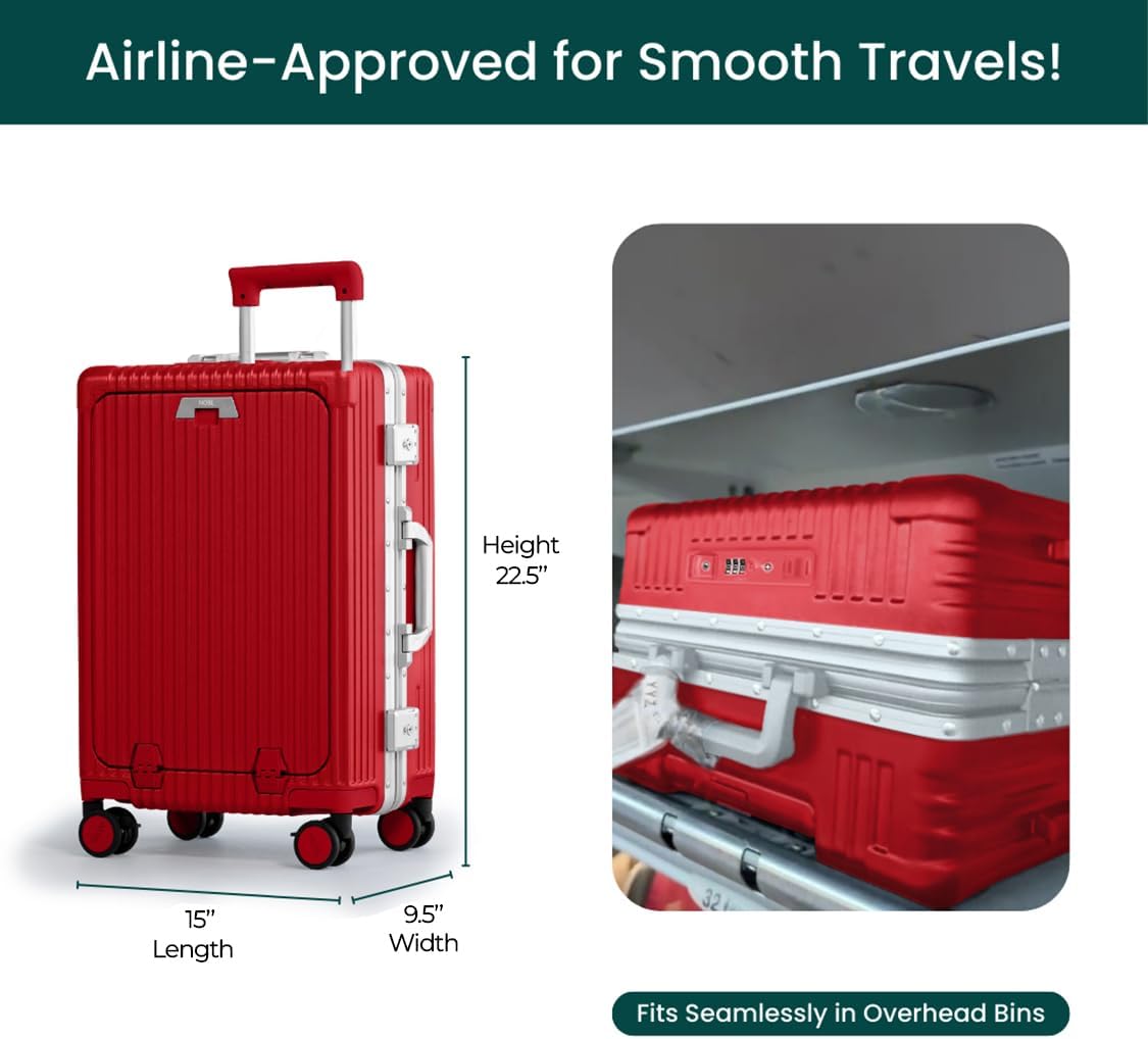 Nobl Travel Carry On Luggage, Noble Zipperless Aluminum Frame PC Hard Shell Suitcase, 22.5x15x9.5 Airline Approved, 360° Spinner Wheels, TSA Locks, USB Charging Port, Cup & Phone Holder - Red