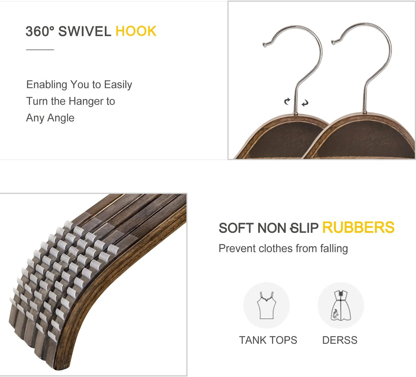 TOPIA HANGER Slim Wooden Hangers with Extra Soft Non-Slip Rubber Grips, 10-Pack High-Grade Fashion Hanger No Shoulder Bump for Sweater, Camisole, Jacket, Dress, Coat (Antique) -CT15A