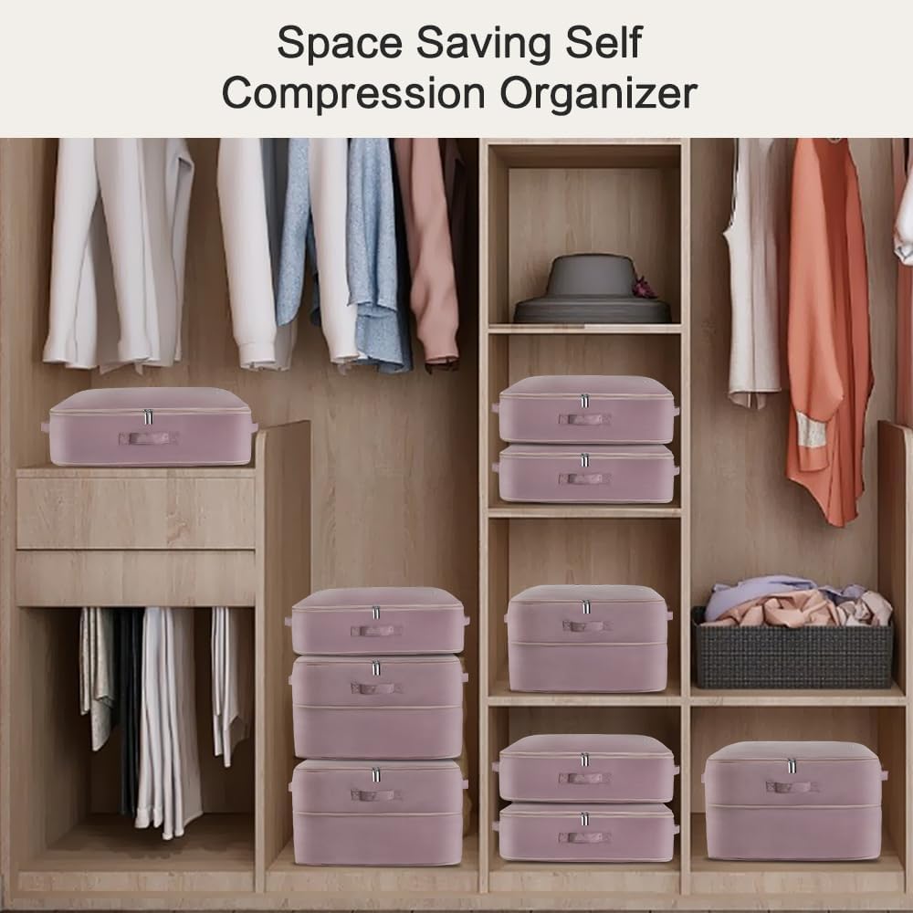 Ultra Space Saving Self Compression Storage Bags with Zipper, (pink) -Compression Organize for Bedding, Comforter Storage Bag for Blankets Duvet Quilts Pillows