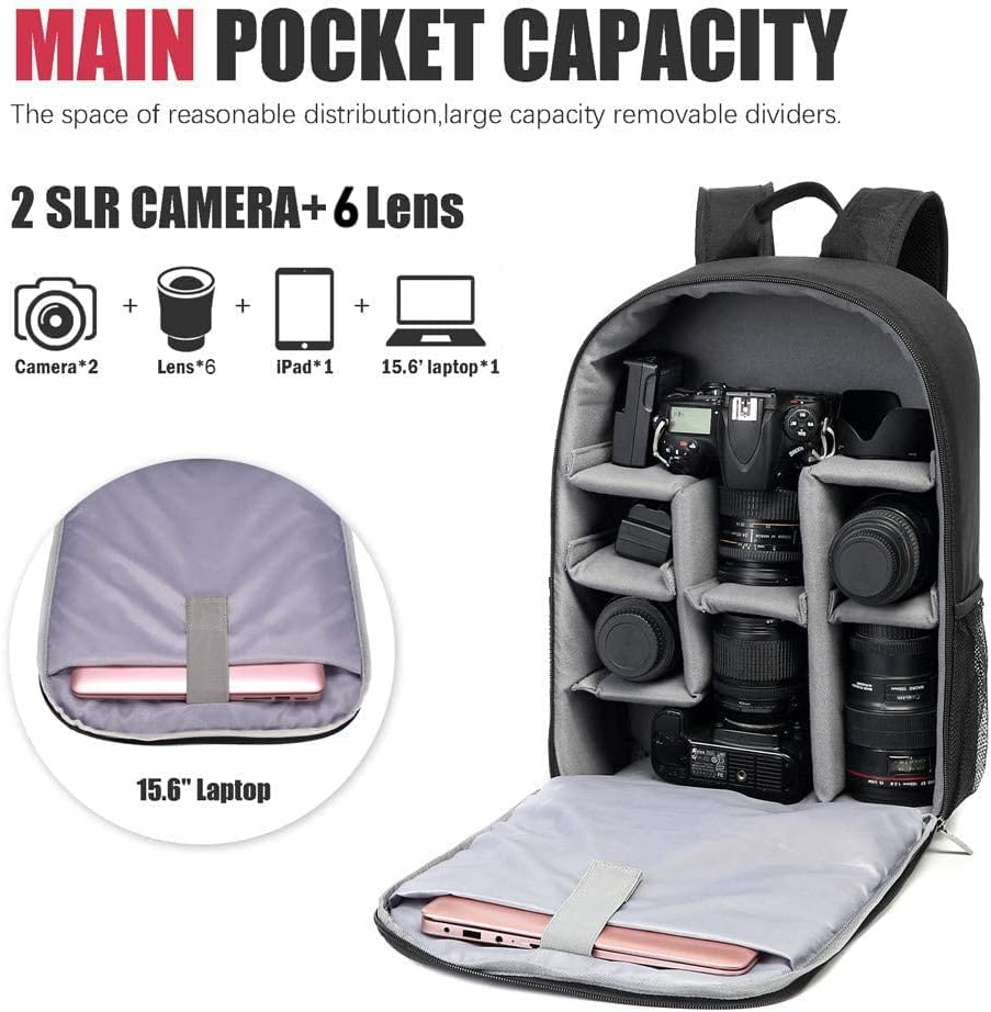 Cwatcun Professional Camera Backpack - Waterproof DSLR/SLR/Mirrorless Camera Case - Compatible with Sony, Canon, Nikon - Large Black