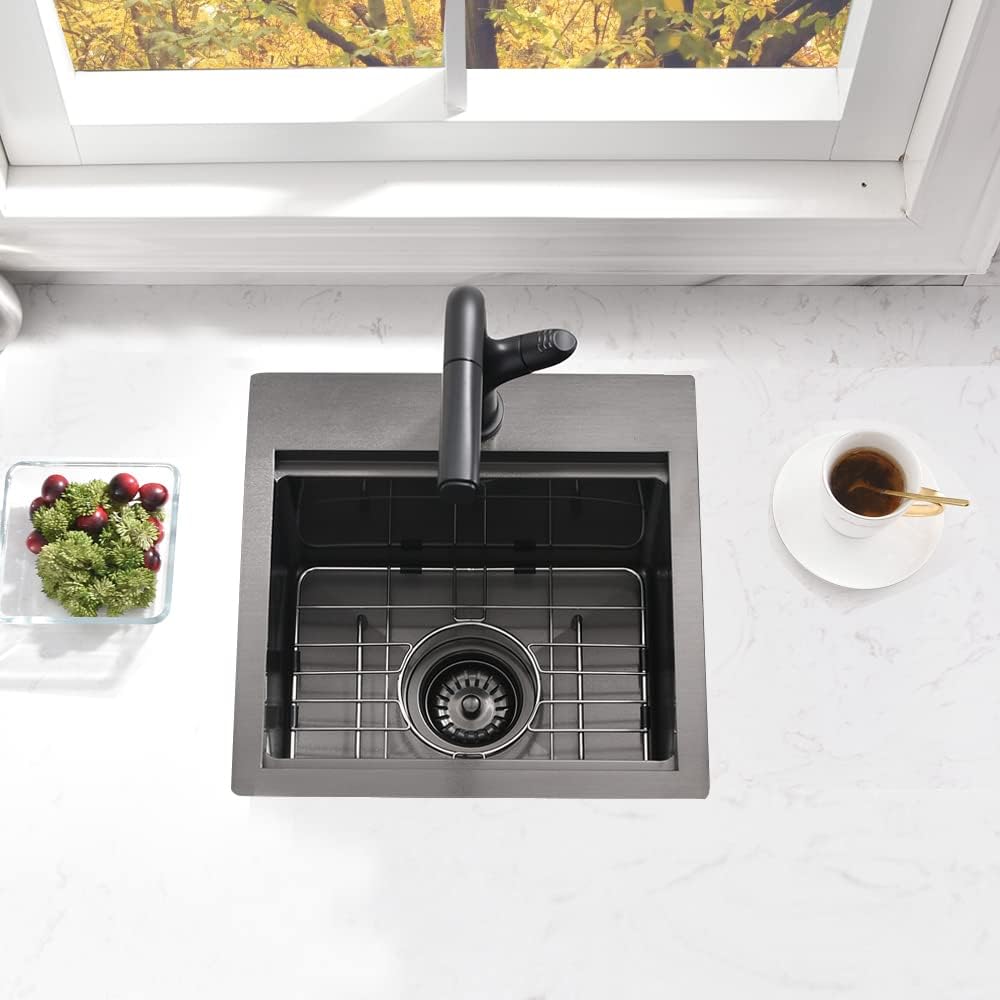 15 Inch Black Bar Sink Drop In Workstation-Bokaiya 15x15 Drop In Bar Sink Small Kitchen Outdoor Rv Sink 16 Gauge Black Stainless Steel Single Bowl Kitchen Sinks with Cutting Board