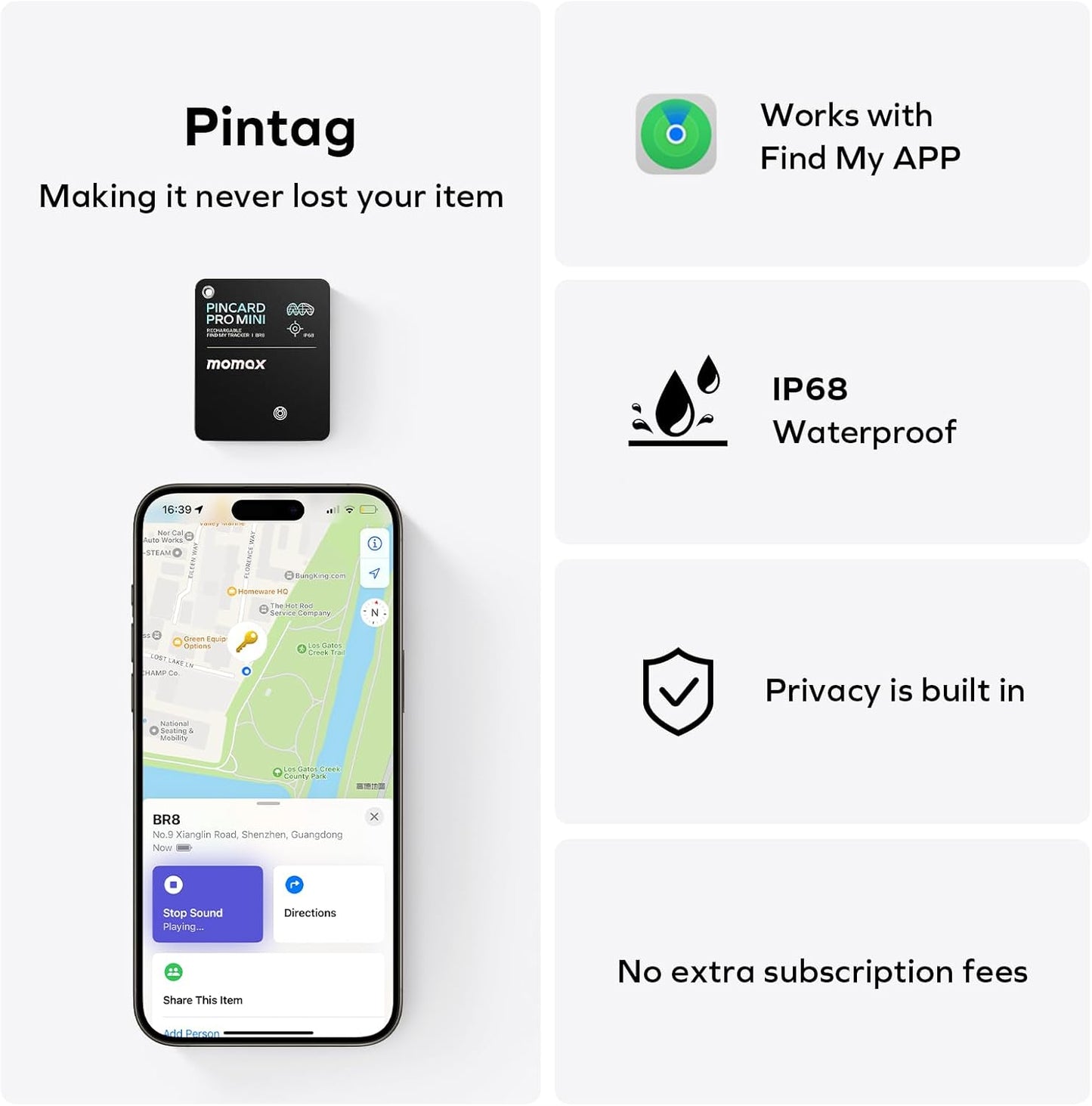 Momax Wallet Tracker Smart Finder - Rechargeable Slim Bluetooth Key Tracking Card with 1-Year Battery, Apple Find My (iOS Only), Item Locator for Luggage Tag, Suitcase, Passport, Backpacks, Mini Size