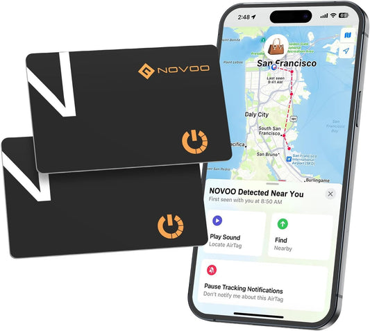 NOVOO Air Locator Tag (iOS Only) Wallet Tracker Card with Find My, Smart Card Bluetooth Tracker, 6 Years Battery, IP68 Waterproof, 1.6mm Keys Finder and Item Locator for Keys, Bags, Passport(2 Pack)