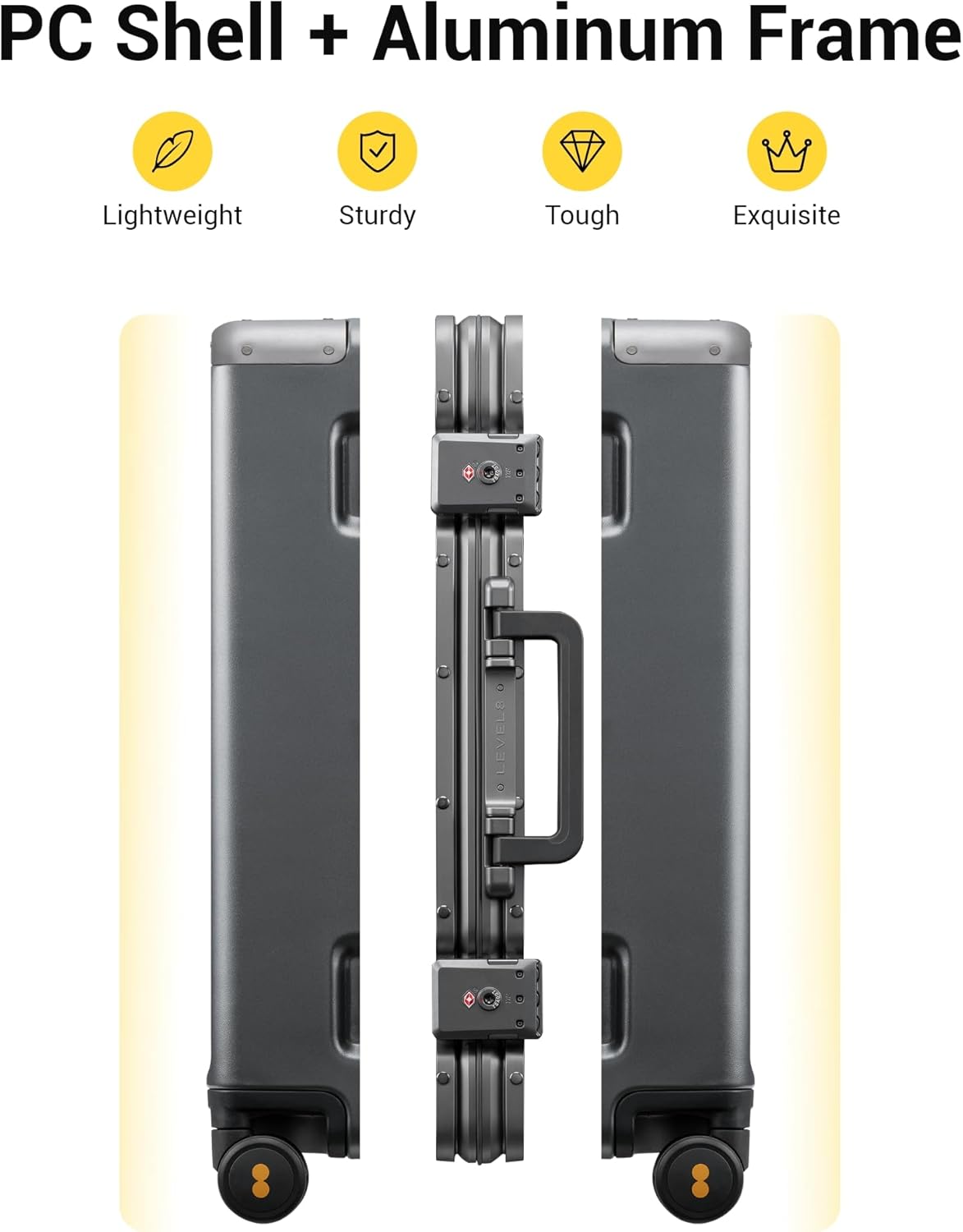 LEVEL8 Zipperless Checked Luggage with Aluminum Frame, Upgraded Medium Hardside Suitcase with Spinner Wheels, Metal Travel Luggage with Double Tsa Locks, 24 Inch, Grey