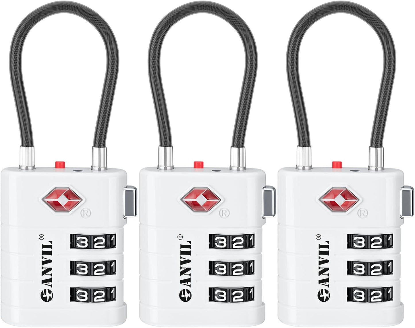 ANVIL TSA Approved Luggage Locks – High Security TSA008 Combination Travel Locks with Inspection Indicator for Suitcases and Backpacks. (3, White)