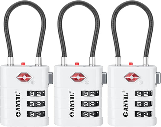 ANVIL TSA Approved Luggage Locks – High Security TSA008 Combination Travel Locks with Inspection Indicator for Suitcases and Backpacks. (3, White)