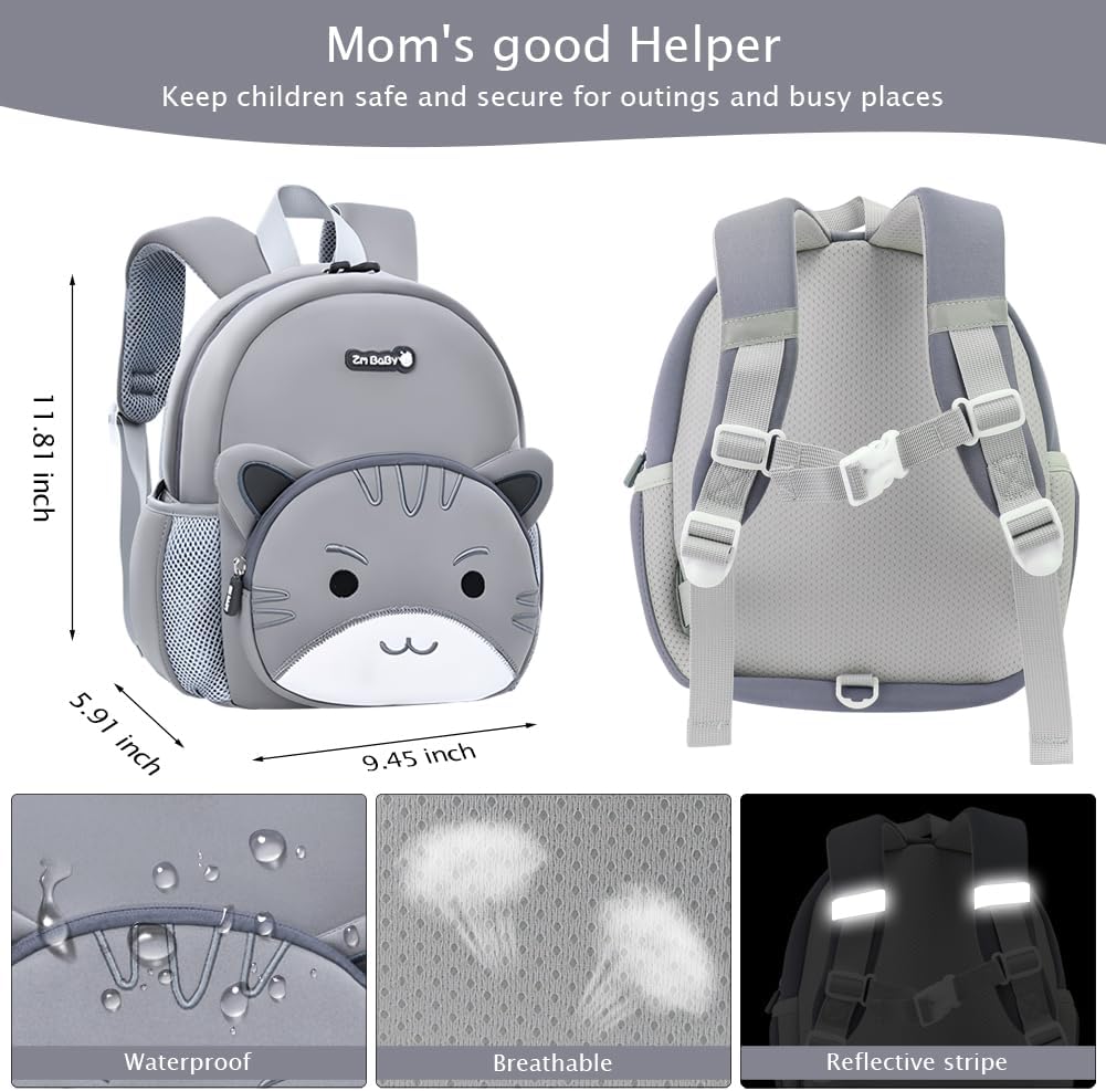 Padgene Toddler Backpacks Kids Preschool Backpack Waterproof Neoprene Animal Schoolbag Lunch backpack 3D Cartoon Cat Mini Travel Bag for Boys Girls Ages 3-5