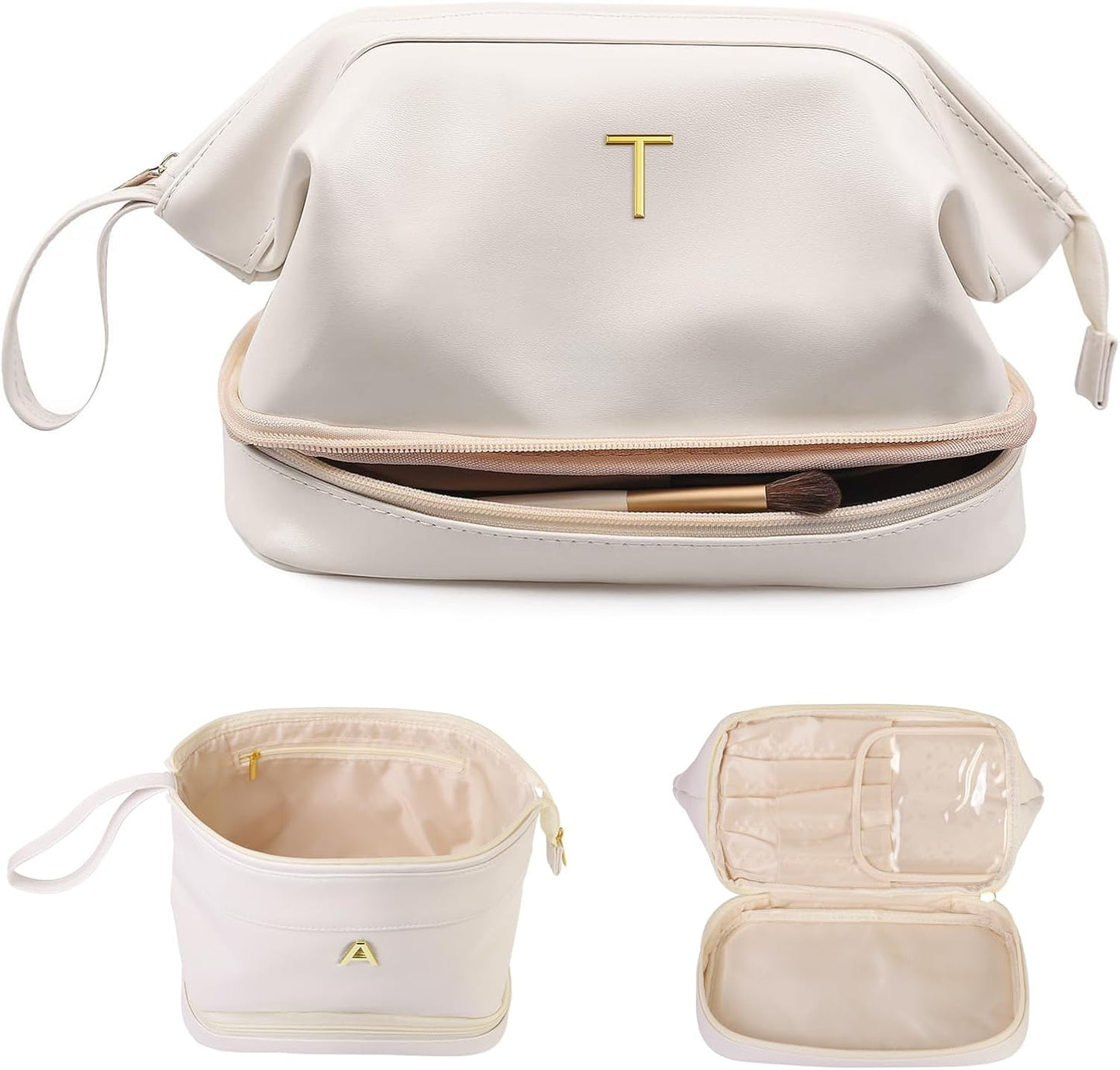 Birthday Gifts for Girls, Initial Large Makeup Bag, Personalized Double Layer Cosmetic Bag with Makeup Brush Organizer, Large Capacity PU Leather Travel Toiletry Bag Travel Stuff for Girls