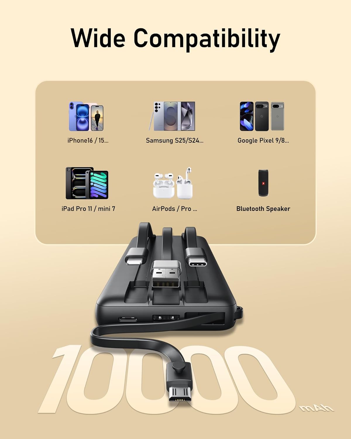 VEEKTOMX Portable Charger with Built-in Cables 10000mAh Power Bank for iPhone Slim Fast Charge USB C Battery Pack Travel Essentials Powerbank Compatible with iPhone, Samsung, Android, etc