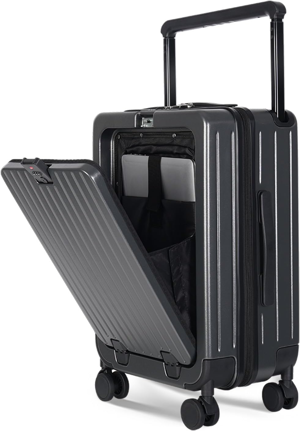 SOKOK Front Pocket Luggage with Spinner Wheels, 24'' Wide Handle Travel Suitcase PC Hardshell Multifunctional Luggage with Charging Port and Cup Holder, Graphite