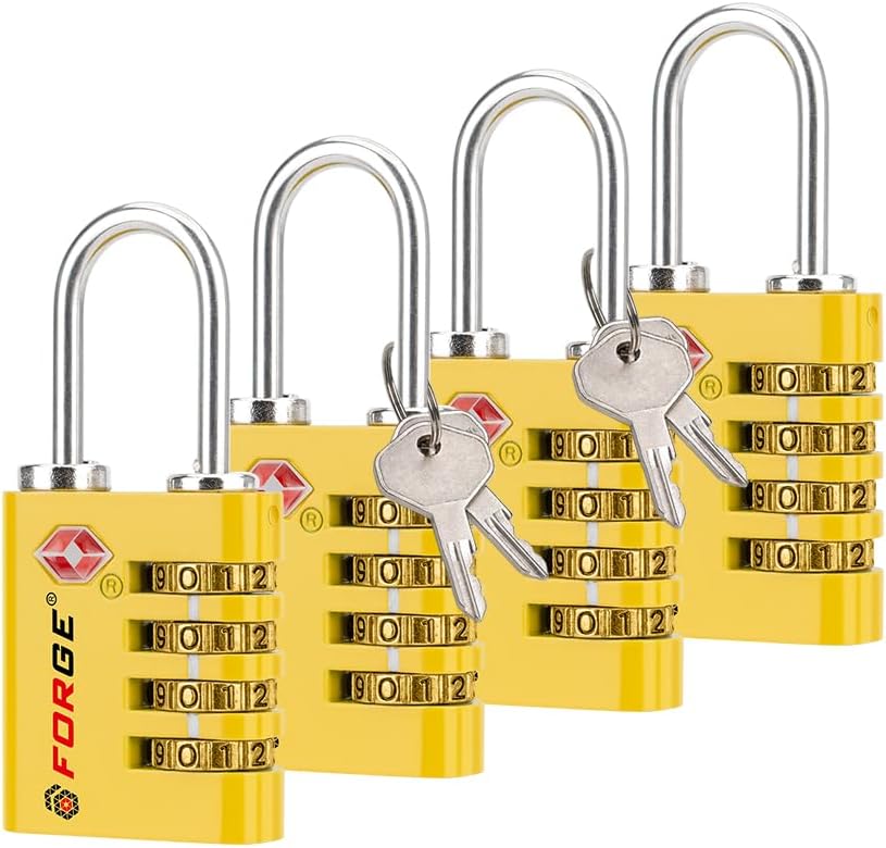 Forge Dual-Opening: Key or Combination Access Lock, TSA Approved Locks for Luggage, Pelican case, Travel, Gym, School, Stainless Steel Shackle.(Yellow, 4 Pk)