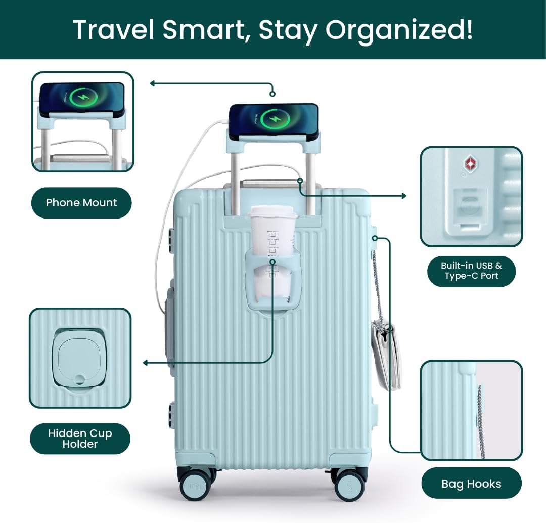 Nobl Travel Carry On Luggage, Noble Zipperless Aluminum Frame PC Hard Shell Suitcase, 22.5x15x9.5 Airline Approved, 360° Spinner Wheels, TSA Locks, USB Charging Port, Cup & Phone Holder - Baby Blue
