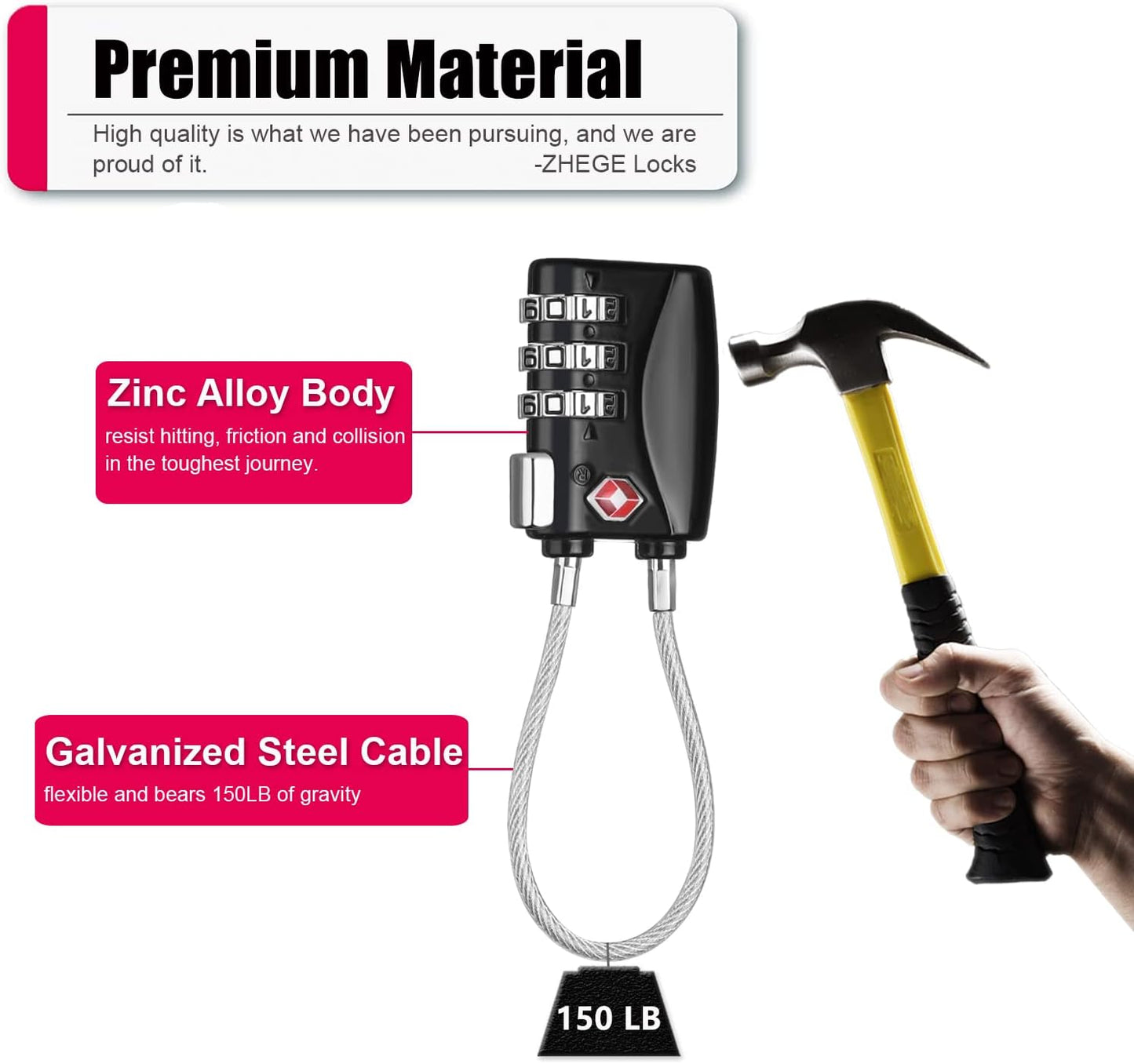 ZHEGE TSA Wire Lock 2 Pack Cable Luggage Lock with Alloy Body for Suitcase, Baggage, Backpack, Pistol Case (Black & Silver)