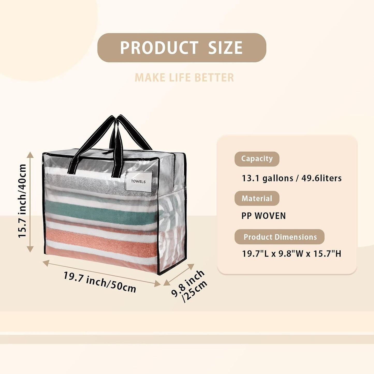 VENO 4 Pack Heavy Duty Moving Bags, Storage Bags, Packing Supplies, Top Zipper, Storage Totes for Camping, Clothes, Bedding, Comforters, Pillows (13 Gallon Clear, 4 Pack)