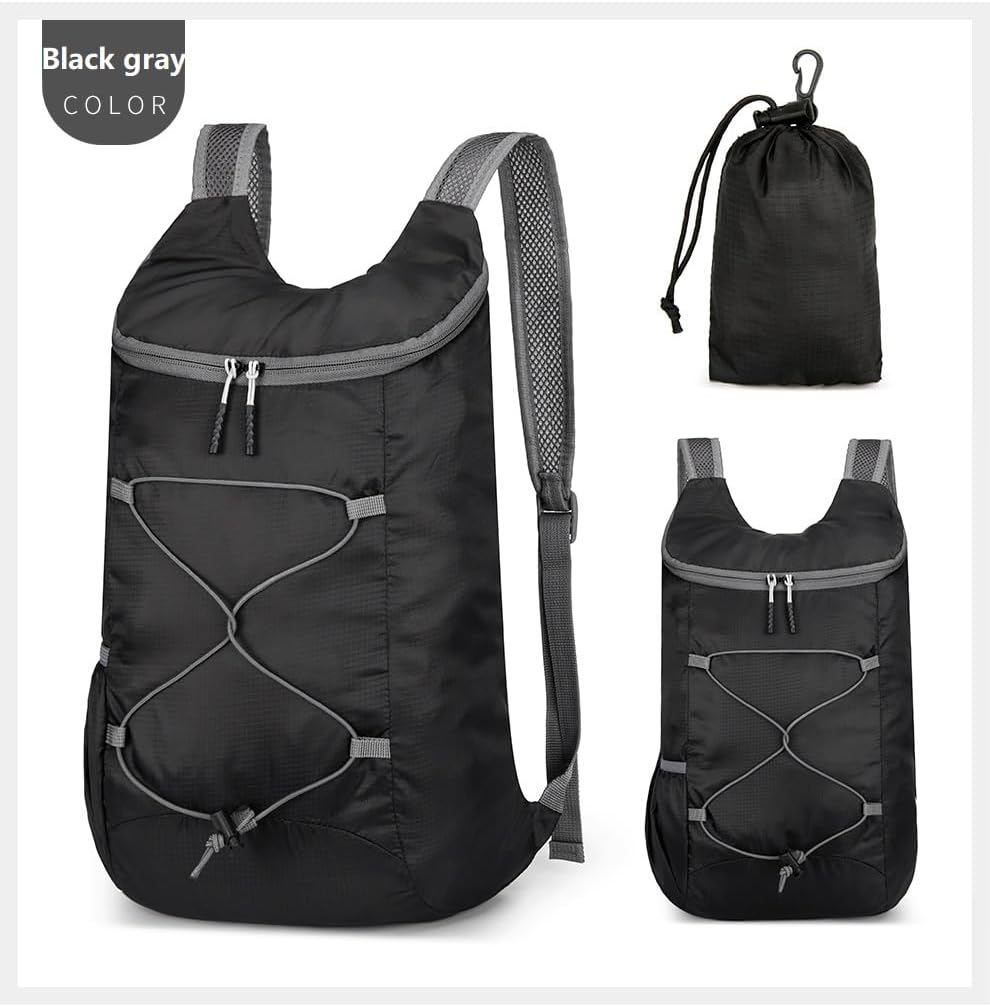 16L Hiking Daypack Lightweight Foldable Travel Backpack Water Repellent Camping Outdoor Packable Easy Carry-on Bag (Black&Gray)
