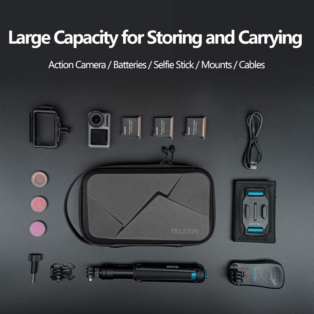 TELESIN Carry Case Waterproof Hard Carrying Bag for GoPro Max Hero 13 12 11 10 9 8 7 6 Insta360 X2 X3 X4 X5 GO3 Ace Pro 2 DJI Osmo 360 Osmo Action 5 4 Pocket 3 Battery Charger Strap Mount Accessories