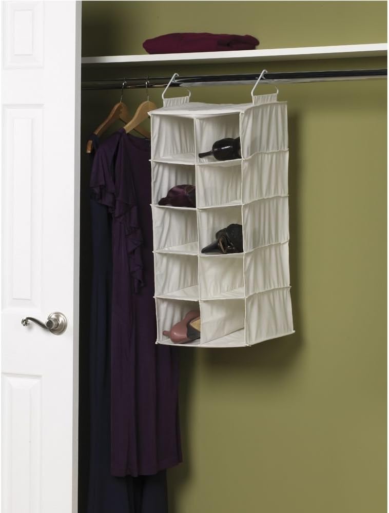 Household Essentials 311344 10 Pocket Hanging Shoe Storage Organizer for Closets | Natural Canvas