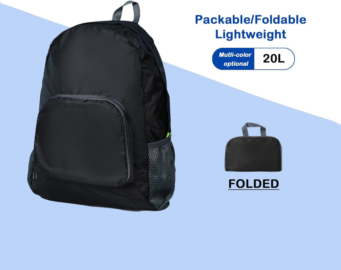 20L Hiking Daypack, Lightweight Backpack for Travel Camping Outdoor, Foldable Backpack For Men Women(BLACK)