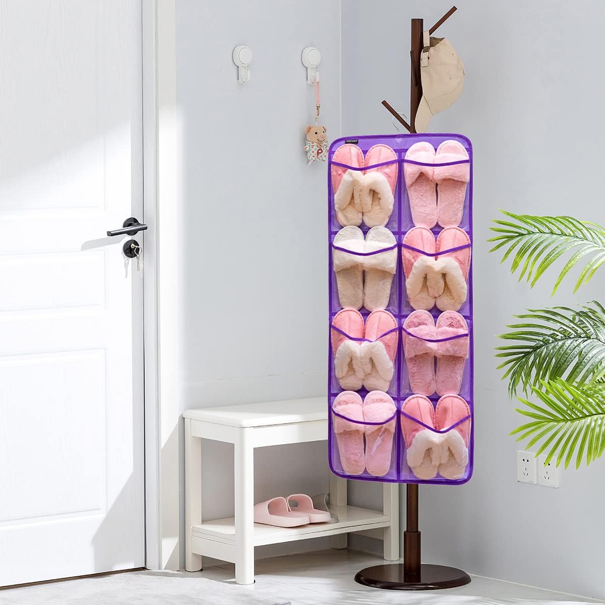 Dual-Sided Hanging Closet Organizer for Socks Underwear Bra Kids Storage Organizer for Baby Clothes Toddler Shoes with 26 Pockets (Purple-Clear Pockets)