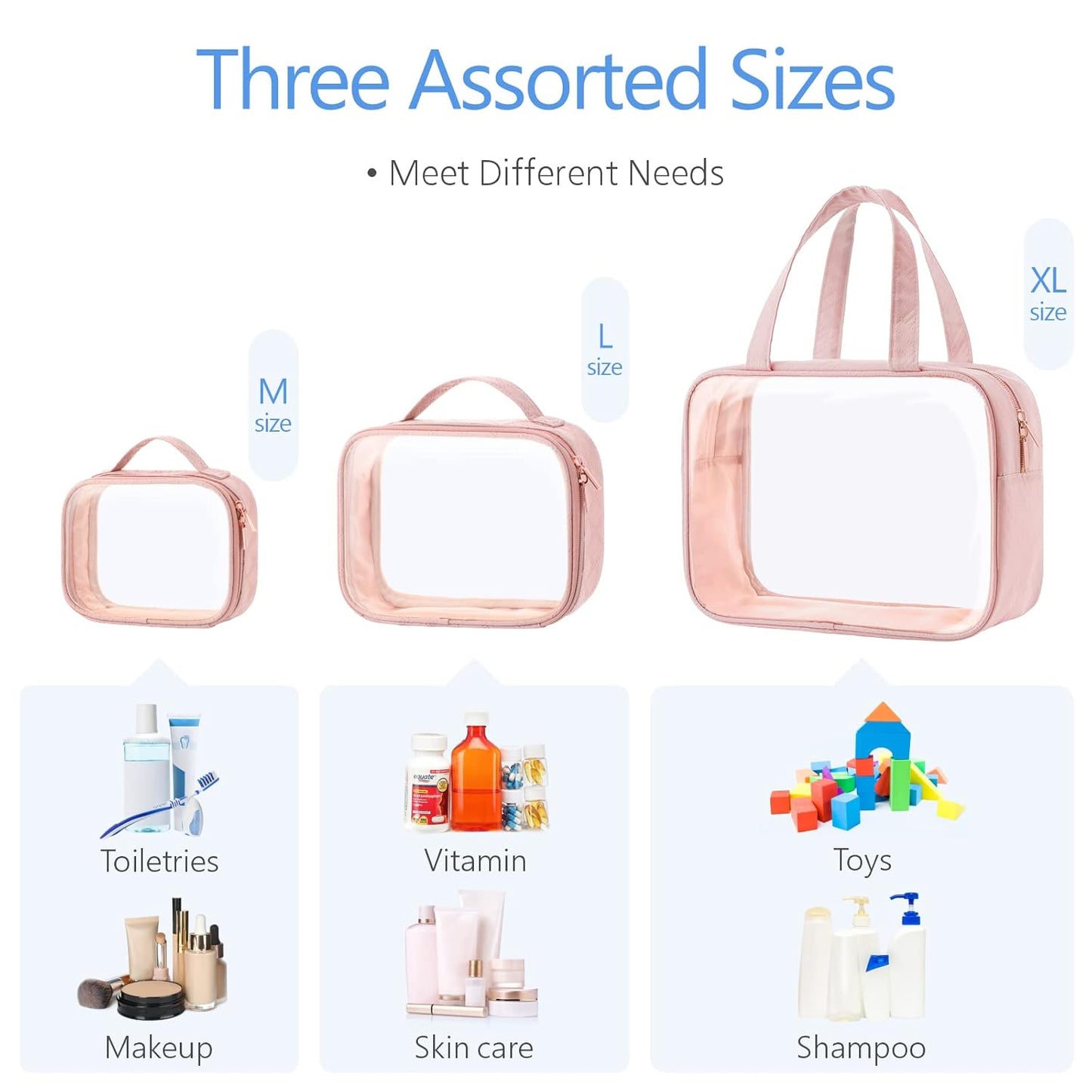 PACKISM Clear Toiletry Bags, 3 Pack Clear Makeup Bags with Handle Large Opening, Waterproof Cosmetic Bags Fit Carry-on Travel Essentials, Travel Bags, Pink