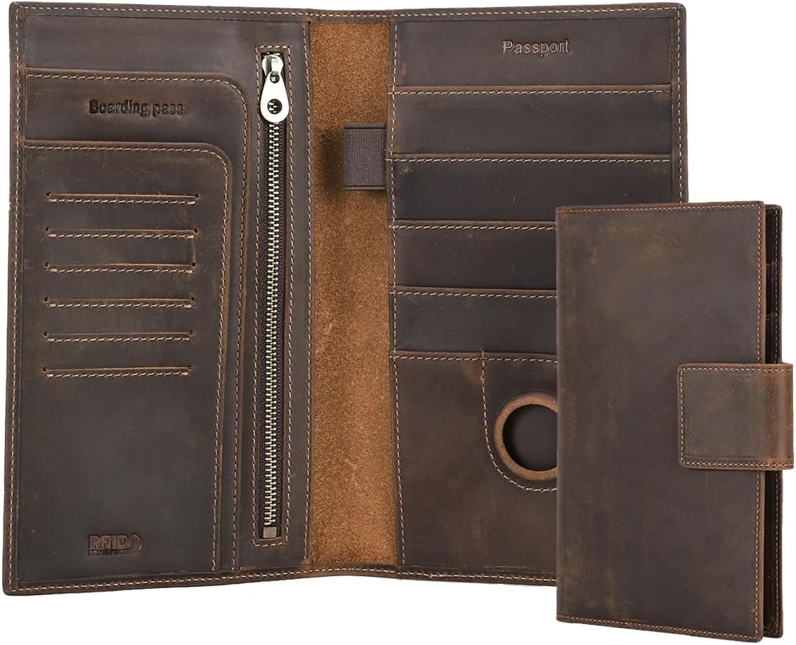 CONTACTS Full Grain Leather Family Passport Holder for 4 Airtag Passport Wallet RFID Blocking Travel Passport Cover with 4 Passport Slot, 6 Card Slot (Brown)