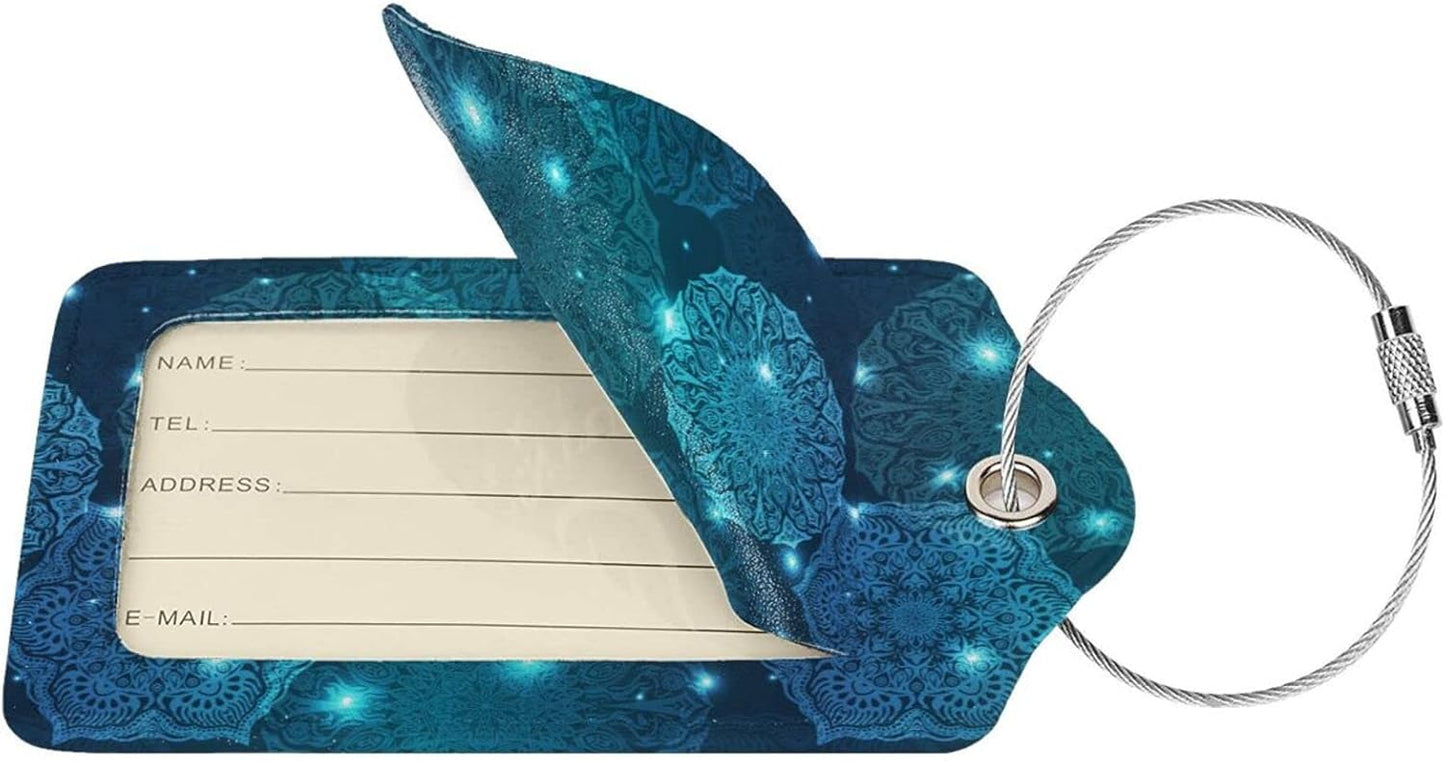 2Pcs Glowing Mandala Themed Luggage Tags for Suitcases, Beautiful Art Teal Blue Name ID Identifier Labels for Baggage Travel Bag, Shine Aesthetic Leather Bag Tags with Full Privacy Cover
