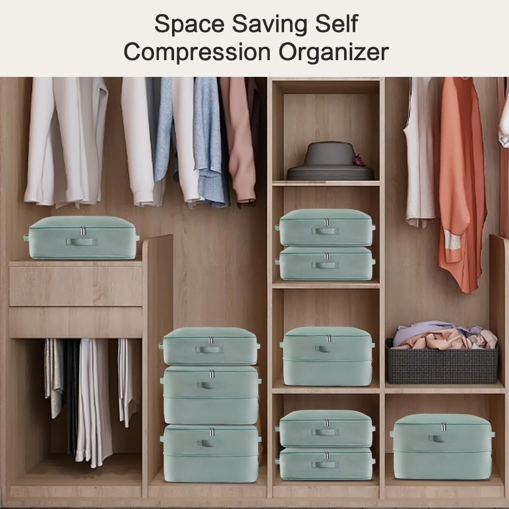 Ultra Space Saving Self Compression Storage Bags with Zipper, (Green) -Compression Organize for Bedding, Comforter Storage Bag for Blankets Duvet Quilts Pillows