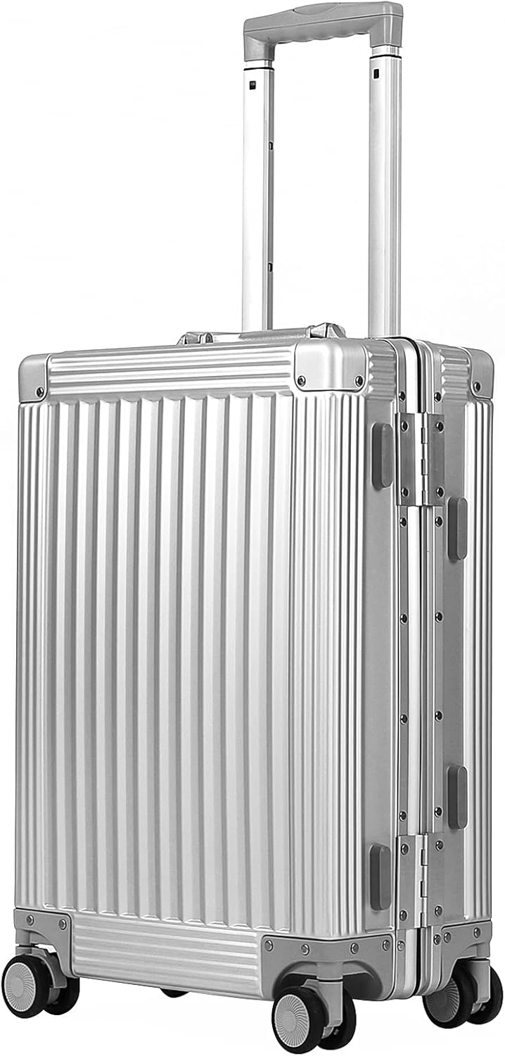 DOMINOX All Aluminum Carry On Luggage Hard Shell Luggage Aluminum Suitcase for Travel Zipperless Luggage Checked Luggage with Silent 360° Spinner Wheels 26 In. (Vertical Grain Style, Sliver)
