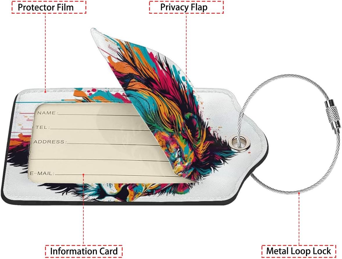Colorful Lion in Pop Luggage Tags for Suitcases,Leather Bag Tags for Backpacks Handbag Instrument with Name ID Label Travel Essentials Baggage Tags 2 Pack