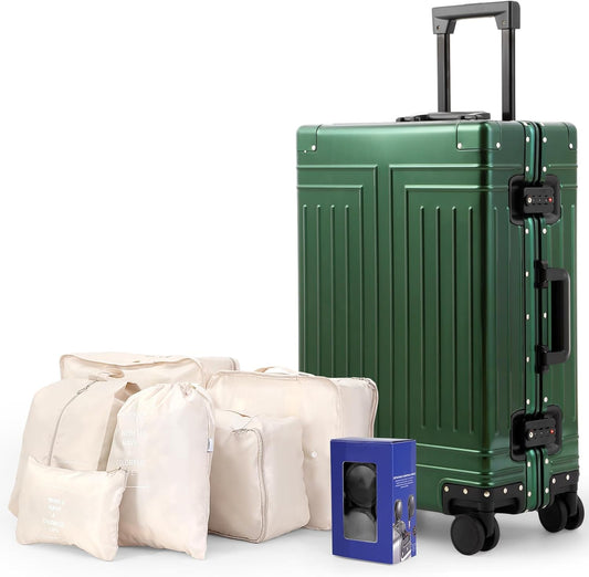 All Aluminum Carry On Luggage，Cut from Whole Aluminum Sheet，22x14x9 Airline Approved ，（3rd Generation，Premium Metal zipperless suitcase ） (green, 24inch)