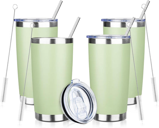 20oz Tumbler with Straw and Brush, Stainless Steel Vacuum Insulated tumbler, Double Wall Insulated Coffee Tumbler for Outdoor, Home, Travel,Office (20 cup-Matcha Green,4pcs)