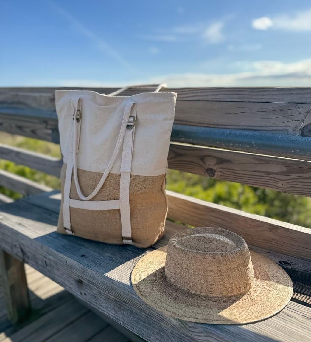 Large Beach Tote Bag with Hat Holder Straps, Womens large beach bag- Vation beach Tote