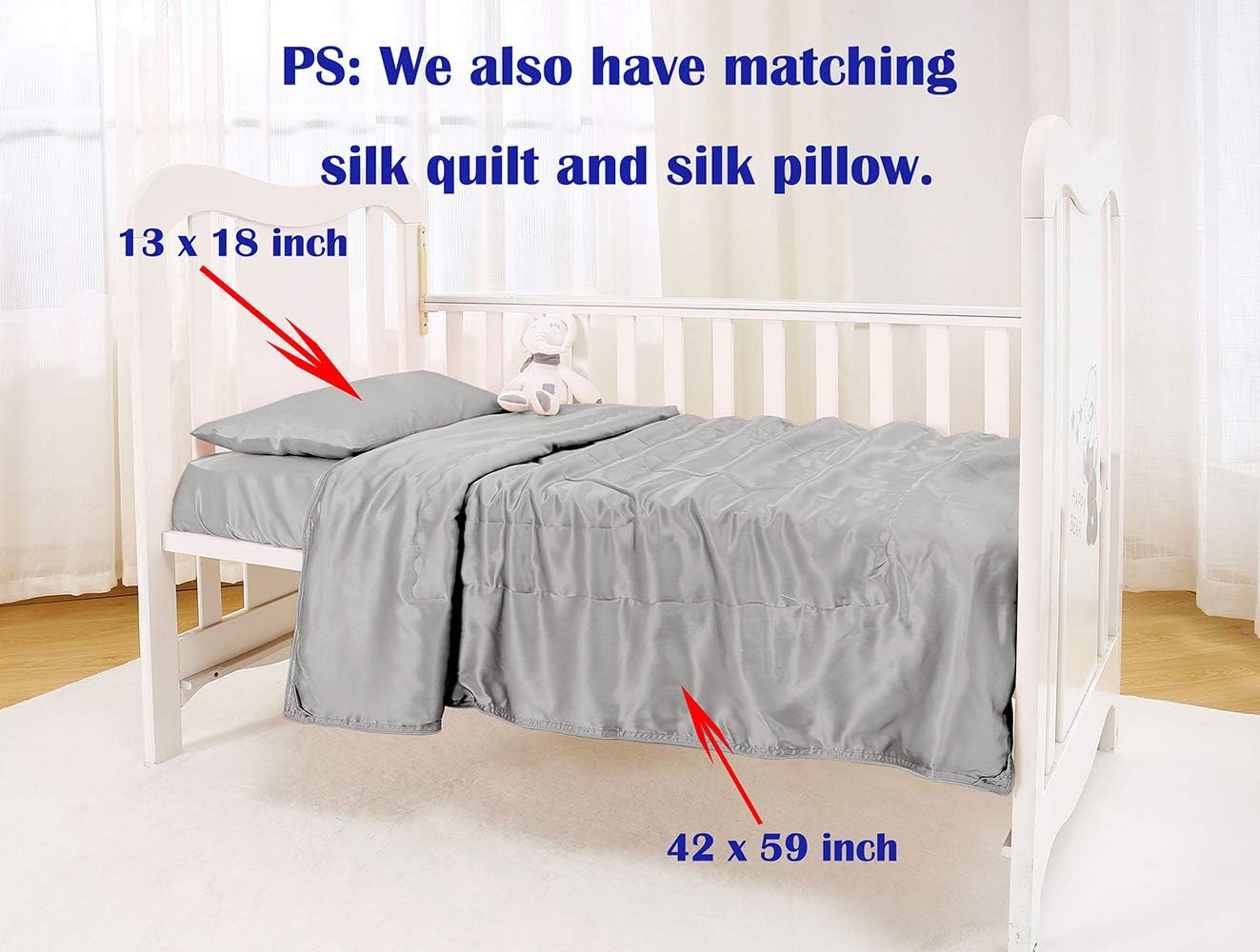 100% Mulberry Silk Crib Sheet for Baby Hair, Standard Crib Mattress Sheet for Boys & Girls, Soft Smooth Breathable Baby Crib Fitted Sheets 28x52, Light Grey