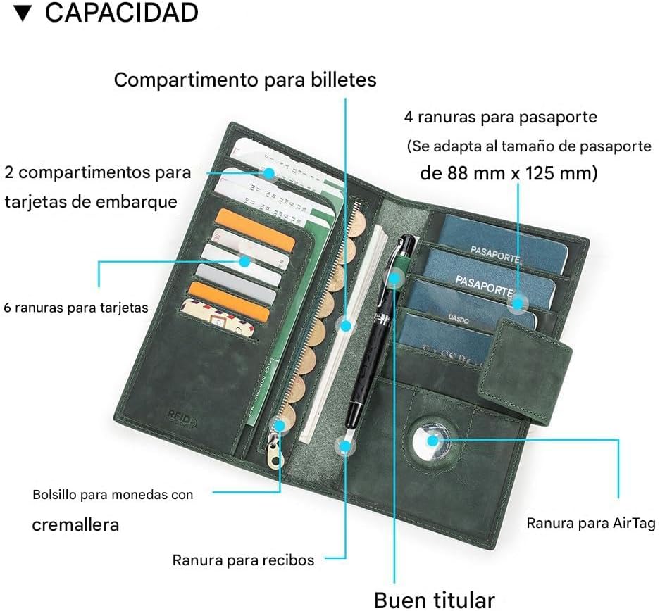 CONTACTS Full Grain Leather Family Passport Holder for 4 Airtag Passport Wallet RFID Blocking Travel Passport Cover with 4 Passport Slot, 6 Card Slot (Green)